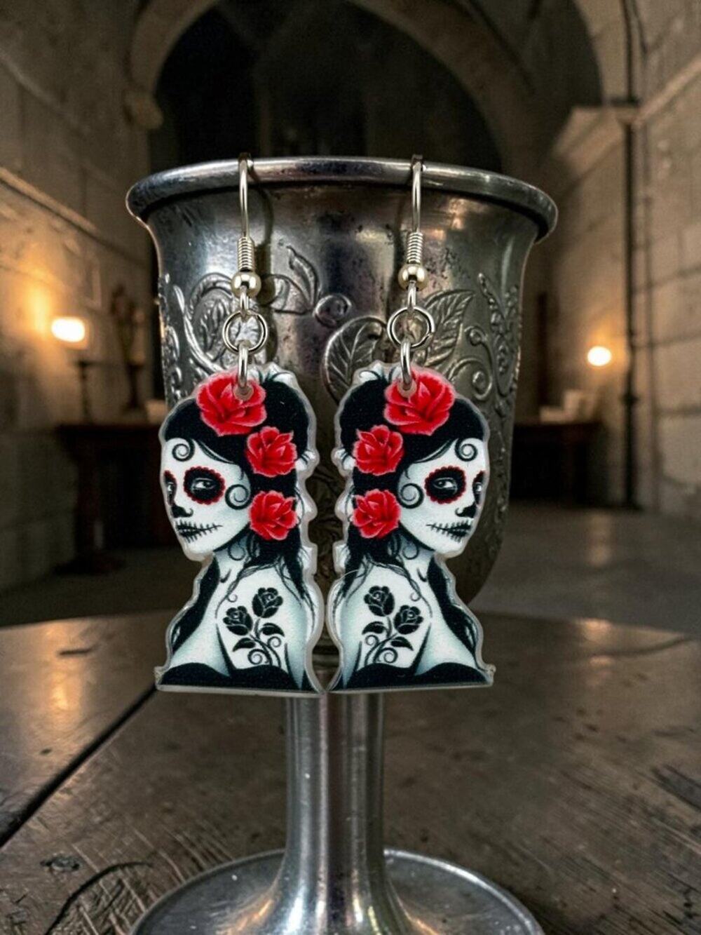 Day of the Dead Earrings Sugar Skull Red Rose Goth Dangle Handmade 2.25"